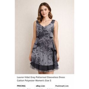 Lauren Vidal Gray Abstract Sleeveless Dress Ruffle Hem Women S